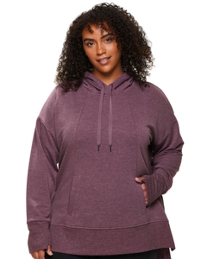 Front of a model wearing a size 1X Weekend Fleece Hoodie in Berry by RBX Active. | dia_product_style_image_id:244662